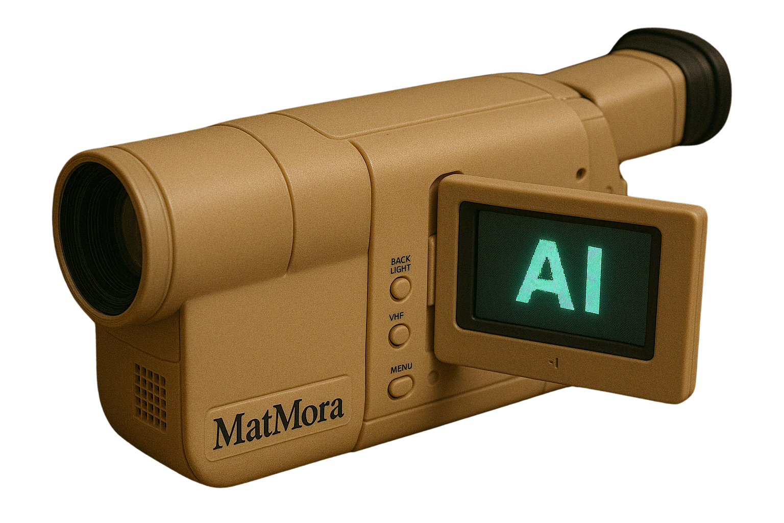 Retro video camera with AI on the screen, Mat Mora branding